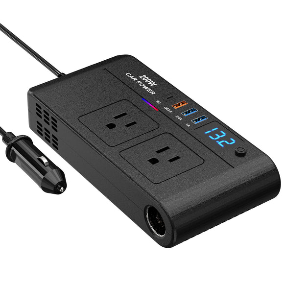 200W 12V Car Inverter DC12V to AC110V Vehicle Power Converter with 2 110V AC Outlets 1 Type-C 3 USB Ports Quick Charge Overheat Protection Voltage Dis