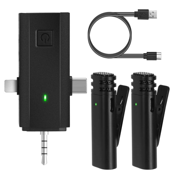2 Pack 3 in 1 Wireless Clip On Microphone Omnidirectional Mic Noise Reduction Plug and Play 65.6FT Transmission Type-C IOS PC Video Record Interview V