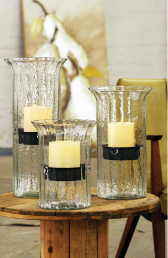 Ribbed Glass Candle Cylinder W Rustic Insert  Large Clear