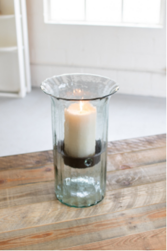 Ribbed Glass Candle Cylinder W Rustic Insert  Medium Clear