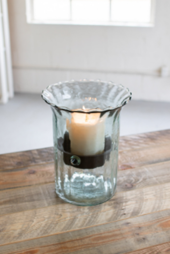 Ribbed Glass Candle Cylinder W Rustic Insert  Small Clear