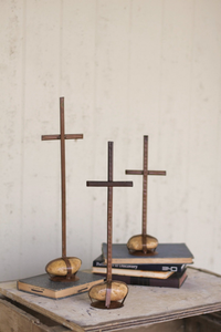 Set Of Three Scrap Metal Crosses With Caged Rock Bases  Multi
