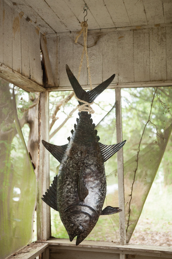 Recycled Hand Hammered Metal 3D Tuna W Sisal Rope  Distressed Black