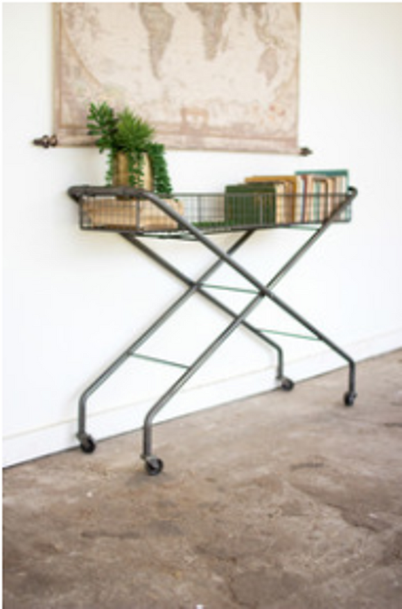 Rolling Metal Basket Console  Grey