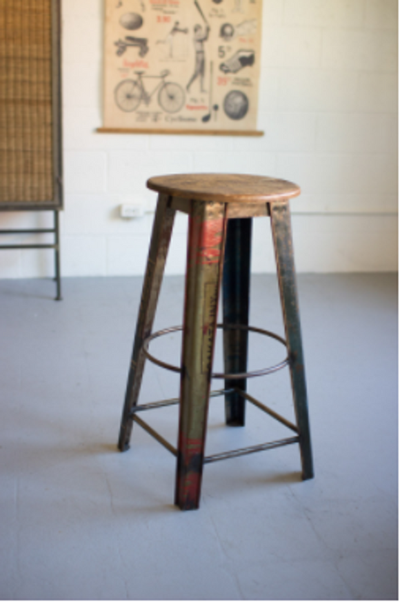 Recycled Metal Bar Stool With Wooden Top  Multi