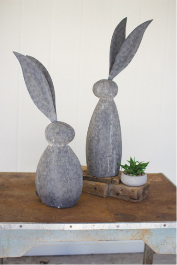 Faux Stone Rabbit With Tall Metal Ears  Short Grey