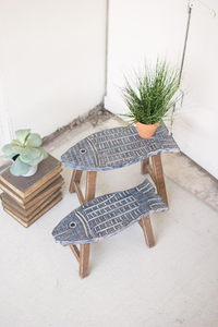 SET OF TWO WOODEN FISH STOOLS  Gray
