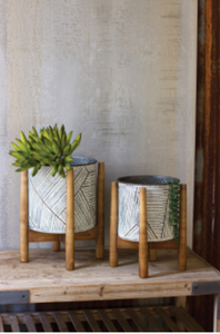 Set Of Two Pressed Tin Planters With Wooden Bases  Multi