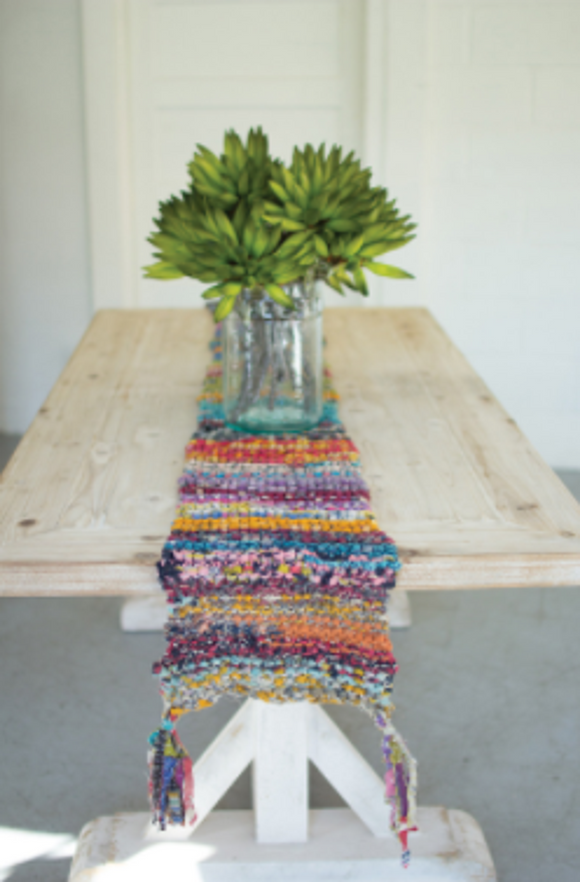 Knitted Kantha Runner With Tassels  Multi