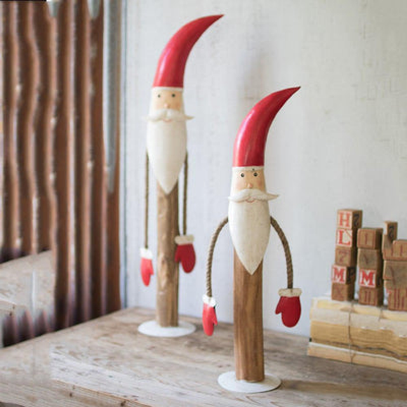 Set Of Two Painted Metal And Wood Santas  Multi
