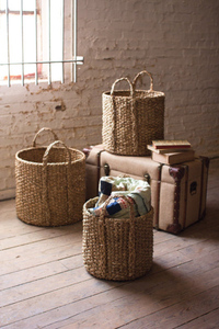 Set Of 3 Round Braided Seagrass Storage Baskets W Handles  Brown