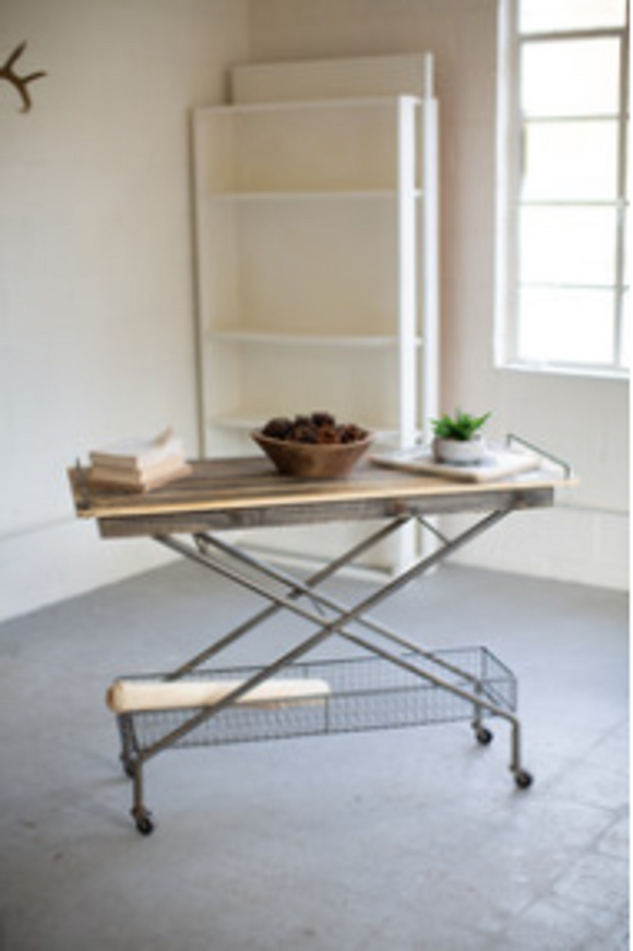 Recycled Wood Console Table W Metal Base Basket Casters 18
