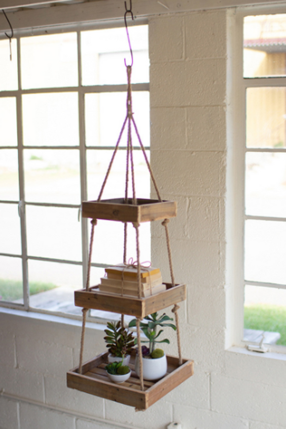Hanging Three Tiered Sq Recycled Wood Display W Jute Rope  Natural