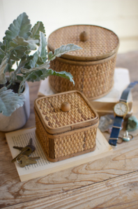 Set Of Two Round And Square Woven Cane Boxes  Natural