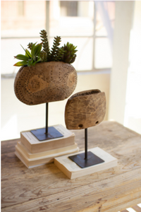 Set Of Two Repurposed Wooden Cowbell Planters On Iron Stand  Natural