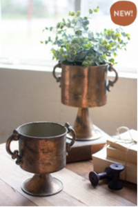 Set Of Two Antique Copper Finish Planters With Handles  Copper