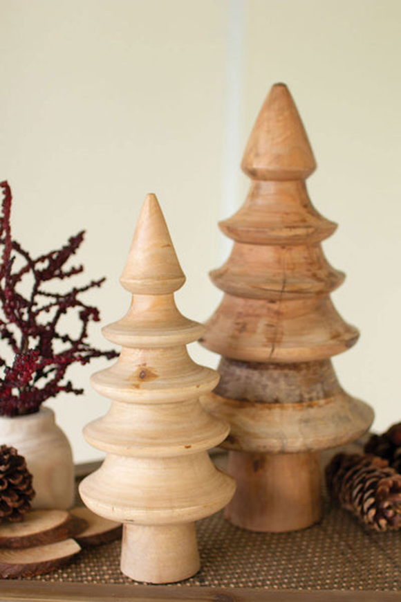 Set Of Two Turned Mango Wood Christmas Trees  Natural