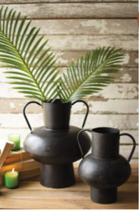 Set Of Two Waxed Black Metal Urns With Handles  Black