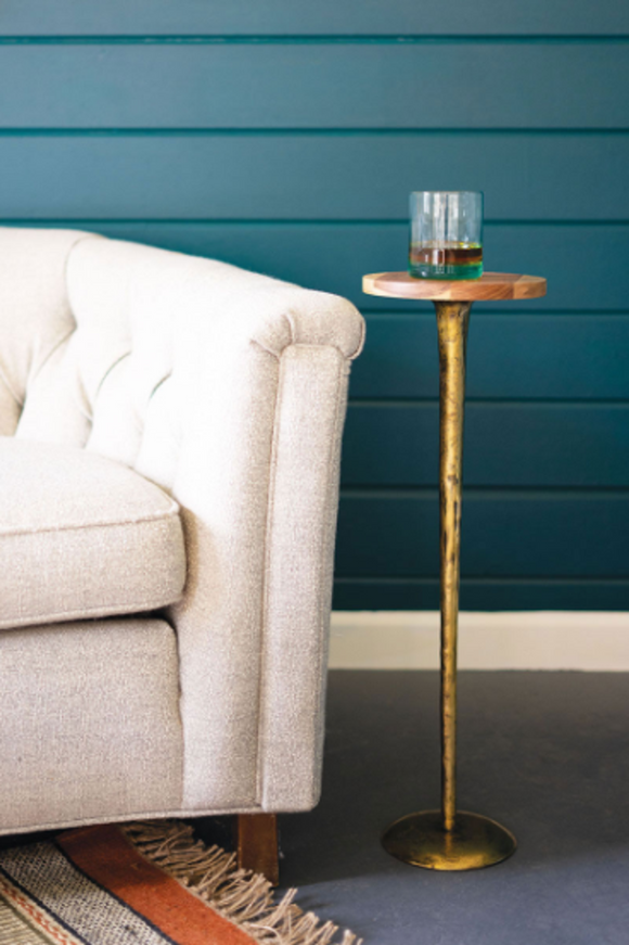 Antique Brass Cocktail Table With Acacia Wood Top  Gold