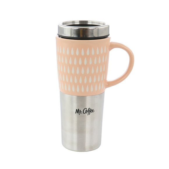 Mr. Coffee Travertine 16 Ounce Stoneware and Stainless Steel Travel Mug With Lid in Light Pink