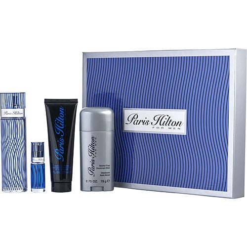 PARIS HILTON MAN EDT SPRAY 3.4 OZ & HAIR AND BODY WASH 3 OZ & DEODORANT STICK ALCOHOL FREE 2.75 OZ & EDT SPRAY 0.34 OZ MINI For MEN