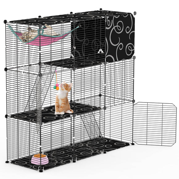 3-Tier Cat Cage Enclosure Indoor Cat Cage Playpen With Hammock Toy Ball Ladder DIY Iron Wire Cat House Kennels Crate For 1-2 Cats Ferret Rabbit Small