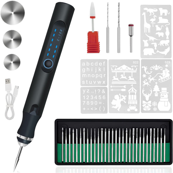 Electric Engraving Pen with 33Pcs Burr Bits 5Pcs Stencils 3 Gears Speed Rechargeable Cordless Professional Engraver Etching Machine For Jewelry Glass