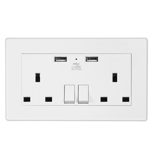 UK Wall Outlet Dual Wall Plug Socket Duplex 2.1A USB Wall Charger with Plug Switch Light Indicator