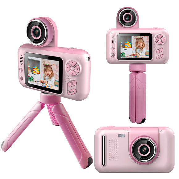 Kids Digital Camera with Flip Lens Children Video Camcorder Christmas Toy Birthday Gifts with Tripod 2.4in Screen 32G MMC Card for 3-10 Year Old Boys