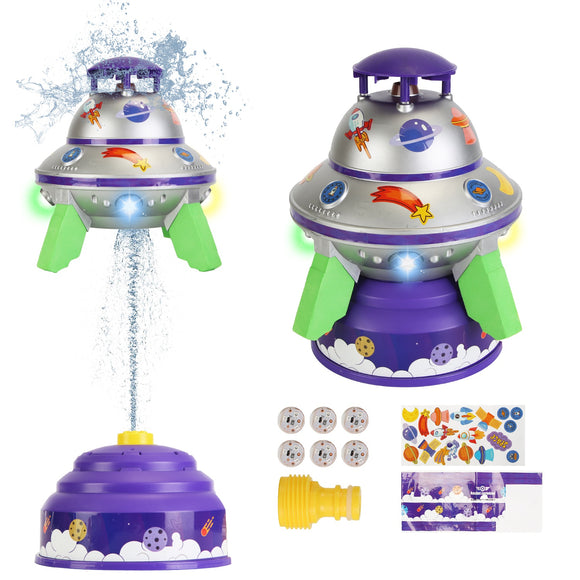 UFO Water Sprinkler Outdoor Summer Rocket Toy With Colorful LED Lights 360° Spinning 1.64FT To 6.56FT Adjustable Height Birthday Summer Gift For Girls