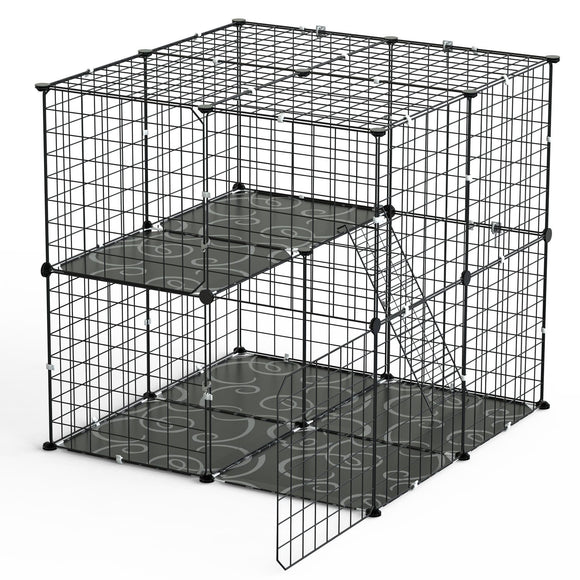 2Tier Cat Cage Playpen Indoor Pet Enclosures Kitten Kennel House Detachable Cat Crate with Climbing Ladder 2 Doors for 1-2 Cats for Ferret Squirrel Sm