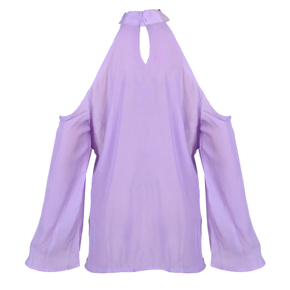 Women\'s Sexy Off The Shoulder Blouses Cold Shoulder Tops V-Neck Long Sleeve T-Shirt Solid Color Summer