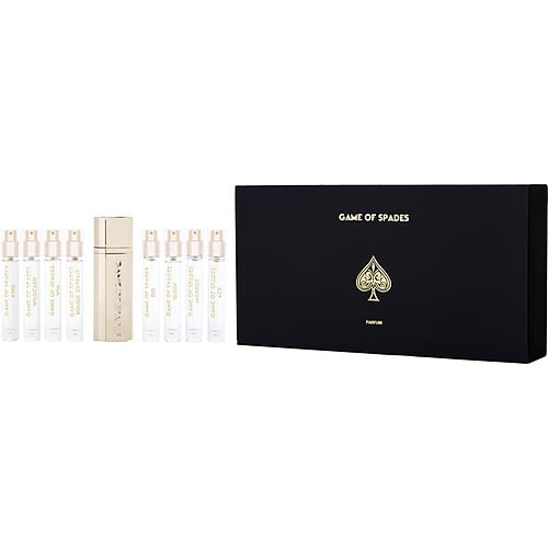 JO MILANO VARIETY GAME OF SPADES SET WITH KING & WILDCARD & WIN & ROUGE EXTRAIT & ROYALE & BID & QUEEN & JACKPOT & ACE AND ALL ARE EAU DE PARFUM SPRAY MINIS 0.34 OZ For UNISEX