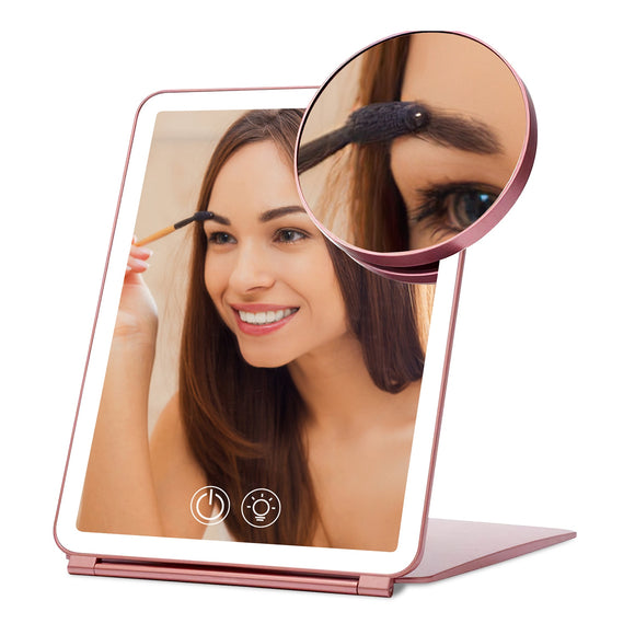 Folding Travel Makeup Mirror With 10X Magnifying Mirror 3 Color LED Lights Dimmable Brightness Rechargeable Battery Tabletop Portable Cosmetic Mirror