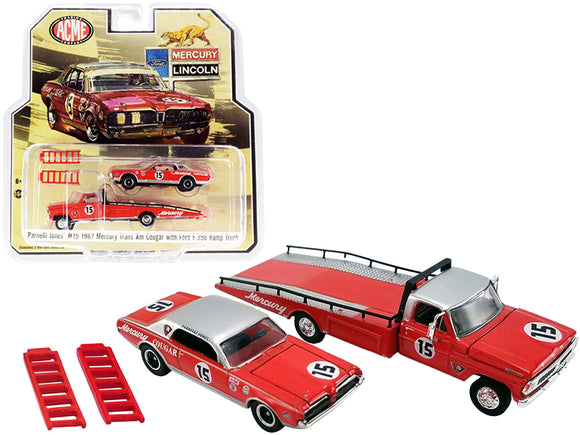Ford F-350 Ramp Truck with 1967 Mercury Trans Am Cougar #15 Parnelli Jones Red with Silver Top 