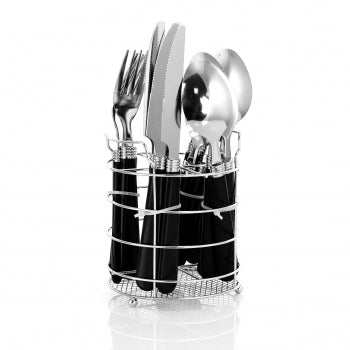 Sensations II 16 Piece Stainless Steel Flatware Set with Black Handles and Chrome Caddy