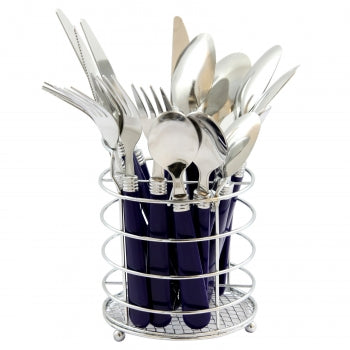 16 Piece Stainless Steel Flatware Set with Cobalt Handles and Chrome Caddy