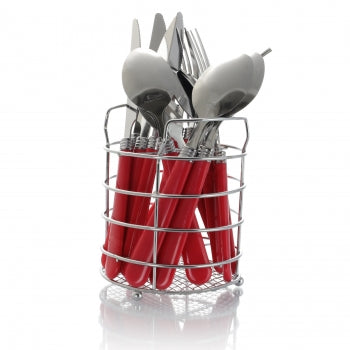 16 Piece Stainless Steel Flatware Set with Red Handles and Chrome Caddy
