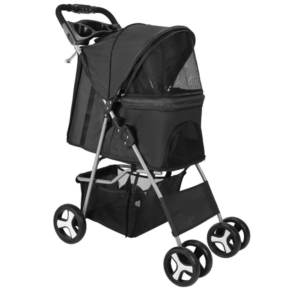 4 Wheels Pet Stroller Foldable Carrier Strolling Cart Travel Jogger Pet Stroller with Removable Liner Storage Basket for Dog Cat