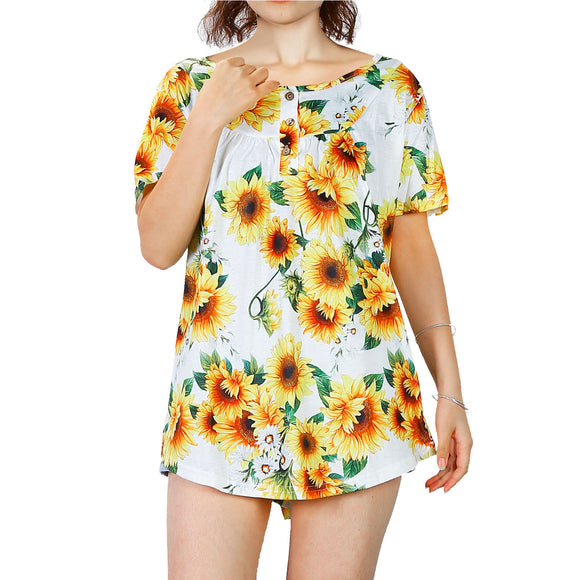 Women Summer Shirts Tops Loose Short Sleeve T Shirts Casual Floral Printed Button Shirts Blouse S-XXL