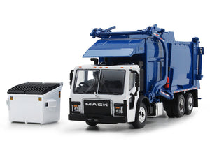 Mack LR Refuse Garbage Truck with McNeilus Meridian Front Loader White and Blue with Trash Bin 1/64 Diecast Model by DCP/First Gear