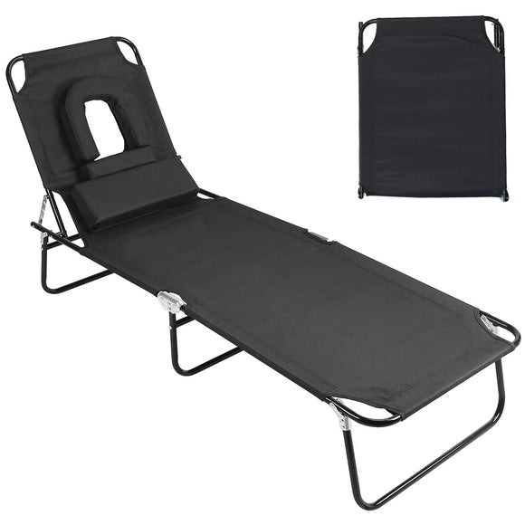 Folding Beach Lounge Chair Face Down Tanning Chaise Sunbathing Recliner 265LBS Max Load with 5-Angle Backrest 3 Removable Pillows for Beach Pool Lawn