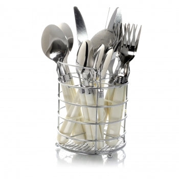 16 Piece Stainless Steel Flatware Set with White Handles and Chrome Caddy