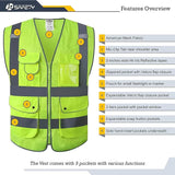 9 Pockets High Visibility Yellow Safety Vest for Men and Women, Hi-Vis Reflective Vests with Zipper Front, Meet ANSI/ISEA Class 2 Type R(159-Yellow L)