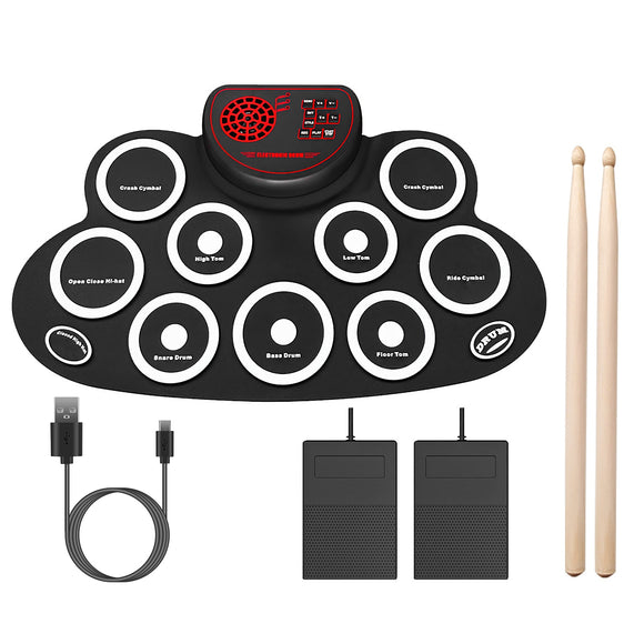 10 Pads Electric Drum Set Foldable 10-Drum Silicon Drum Kit Foldable Electronic Drum Pad Machine with Drum Sticks Headphone Jack Speaker Battery Dual-