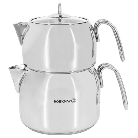 Korkmaz Perla Mega Stainless Steel 1.8 Liter Tea Pot and 3.2 Liter Kettle Set