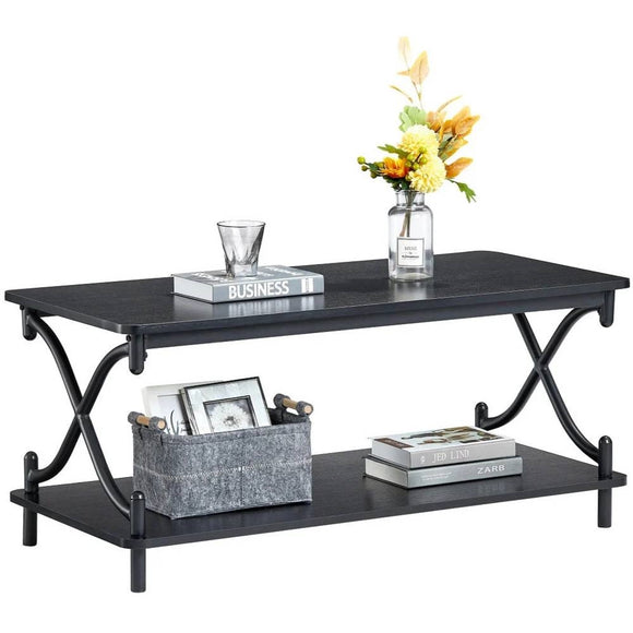 Modern Industrial Black Metal Wood Coffee Table with Bottom Storage Shelf