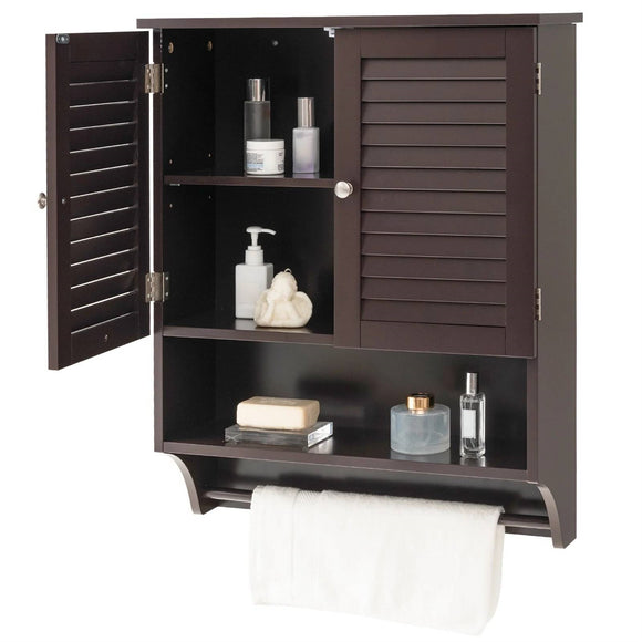 Brown Wall-Mounted Bathroom Medicine Cabinet with Louver Doors and Towel Bar