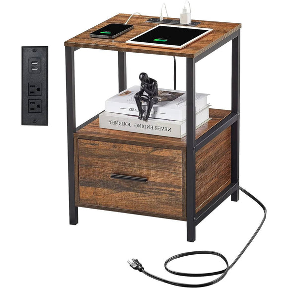 Modern Metal Wood Side End Table Nightstand Shelf with USB Charging Ports