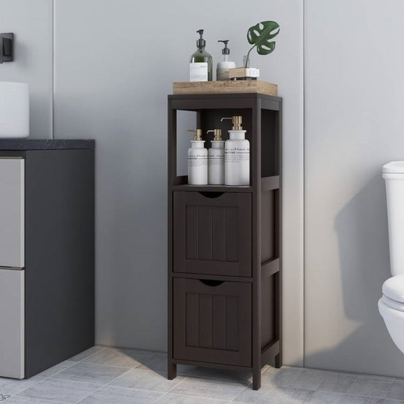 Modern Farmhouse 2-Drawer Bathroom Floor Cabinet with Shelf in Brown Wood Finish
